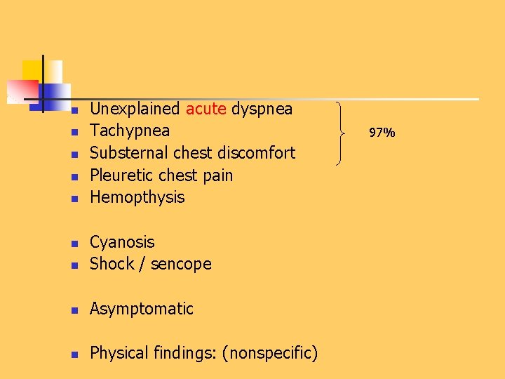 n n n Unexplained acute dyspnea Tachypnea Substernal chest discomfort Pleuretic chest pain Hemopthysis