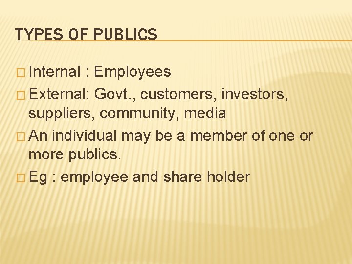 TYPES OF PUBLICS � Internal : Employees � External: Govt. , customers, investors, suppliers,