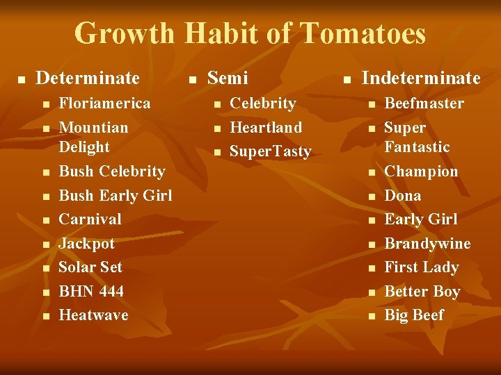Growth Habit of Tomatoes n Determinate n n n n n Floriamerica Mountian Delight