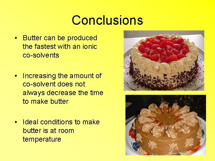 Conclusions • Butter can be produced the fastest with an ionic co-solvents • Increasing