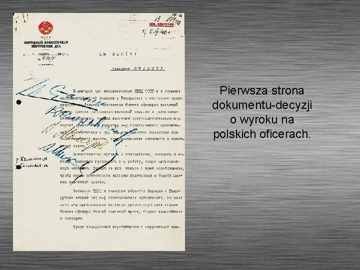 Pierwsza strona dokumentu-decyzji o wyroku na polskich oficerach. 
