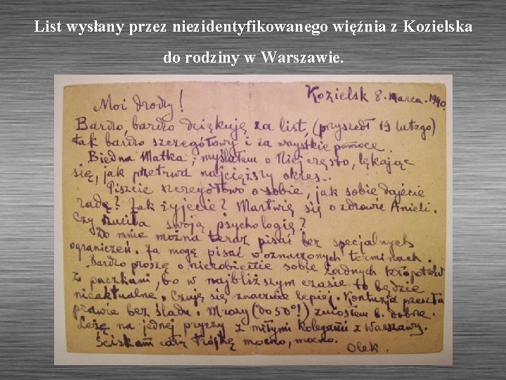 List wysłany przez niezidentyfikowanego więźnia z Kozielska do rodziny w Warszawie. 