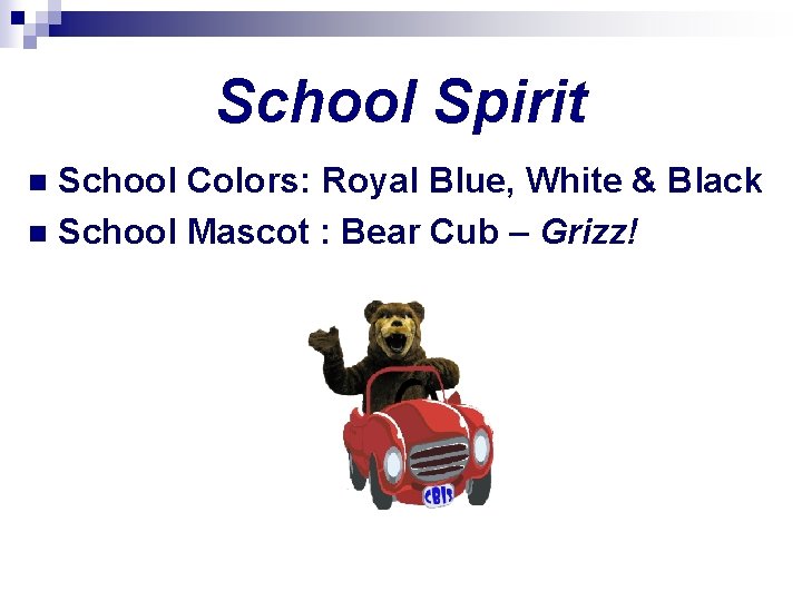 School Spirit School Colors: Royal Blue, White & Black n School Mascot : Bear