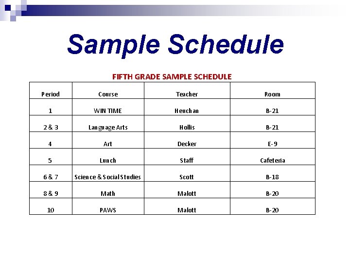 Sample Schedule FIFTH GRADE SAMPLE SCHEDULE Period Course Teacher Room 1 WIN TIME Heuchan