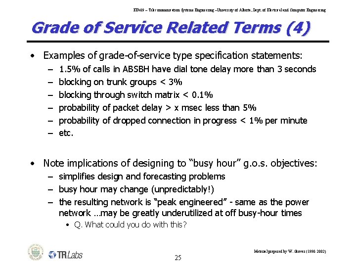 EE 489 – Telecommunication Systems Engineering –University of Alberta, Dept. of Electrical and Computer