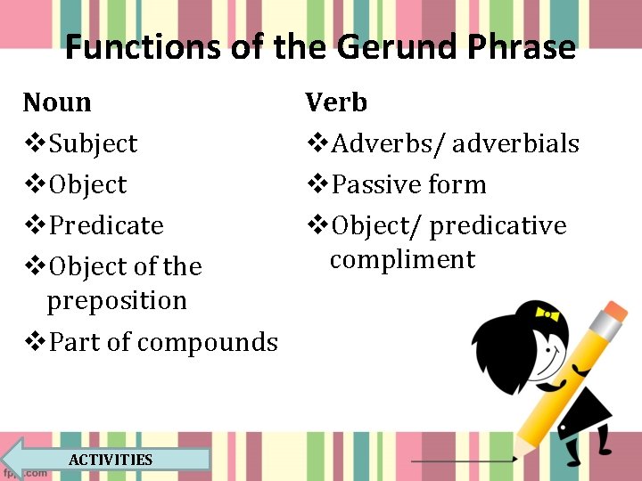 Functions of the Gerund Phrase Noun v. Subject v. Object v. Predicate v. Object