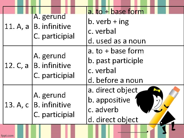 A. gerund 11. A, a B. infinitive C. participial A. gerund 12. C, a