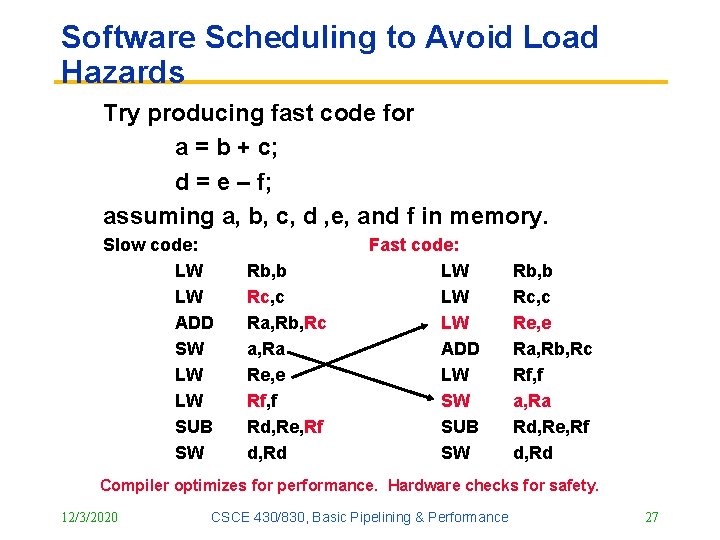 Software Scheduling to Avoid Load Hazards Try producing fast code for a = b Software Scheduling to Avoid Load Hazards Try producing fast code for a = b