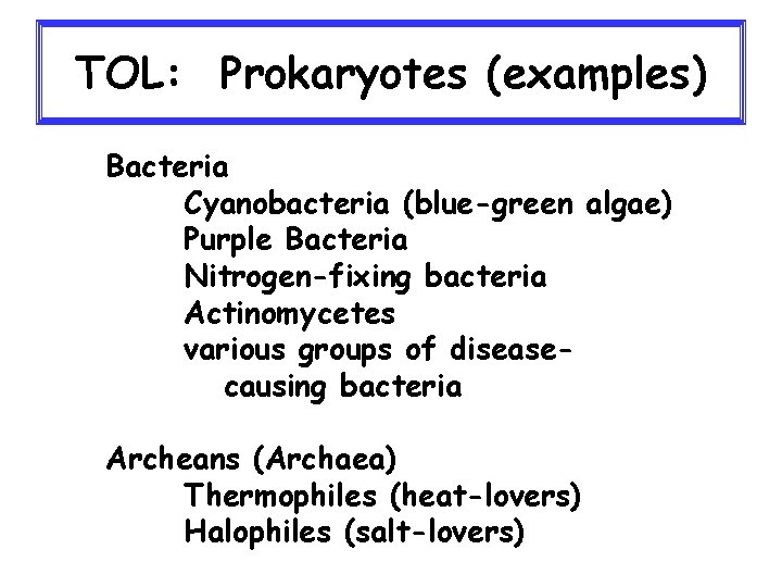 TOL: Prokaryotes (examples) Bacteria Cyanobacteria (blue-green algae) Purple Bacteria Nitrogen-fixing bacteria Actinomycetes various groups