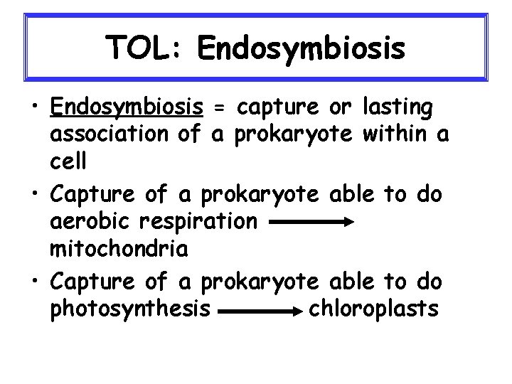 TOL: Endosymbiosis • Endosymbiosis = capture or lasting association of a prokaryote within a