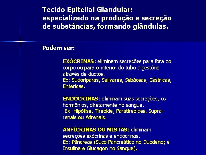 Tecido Epitelial Glandular: especializado na produção e secreção de substâncias, formando glândulas. Podem ser: