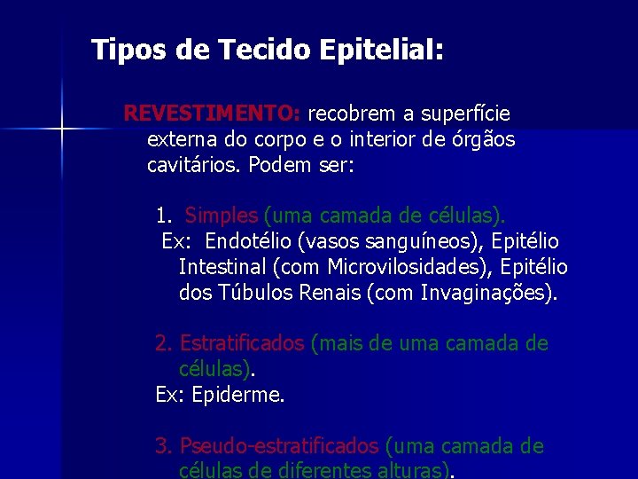 Tipos de Tecido Epitelial: REVESTIMENTO: recobrem a superfície externa do corpo e o interior