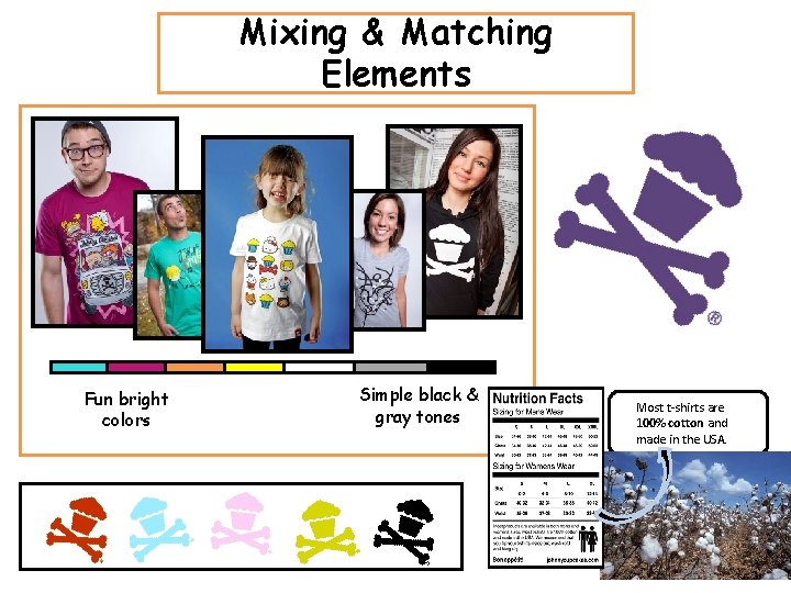 Mixing & Matching Elements Baked Goods By: Johnny Cupcakes Fun bright colors Simple black