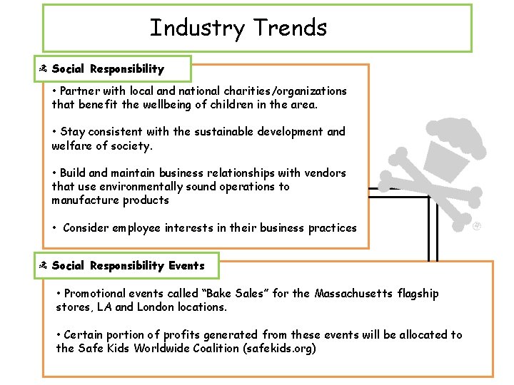 Industry Trends Social Responsibility • Partner with local and national charities/organizations that benefit the