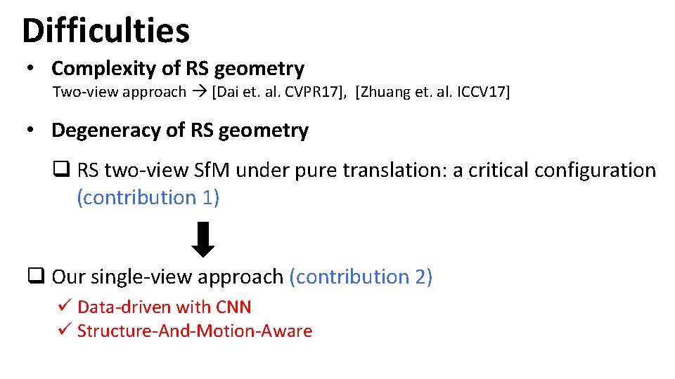 Difficulties • Complexity of RS geometry Two-view approach [Dai et. al. CVPR 17], [Zhuang
