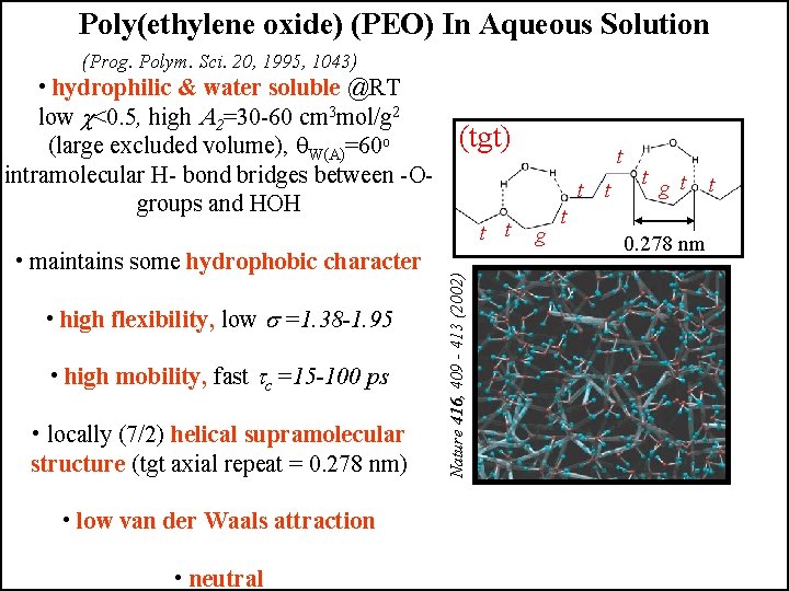 Poly(ethylene oxide) (PEO) In Aqueous Solution (Prog. Polym. Sci. 20, 1995, 1043) • hydrophilic