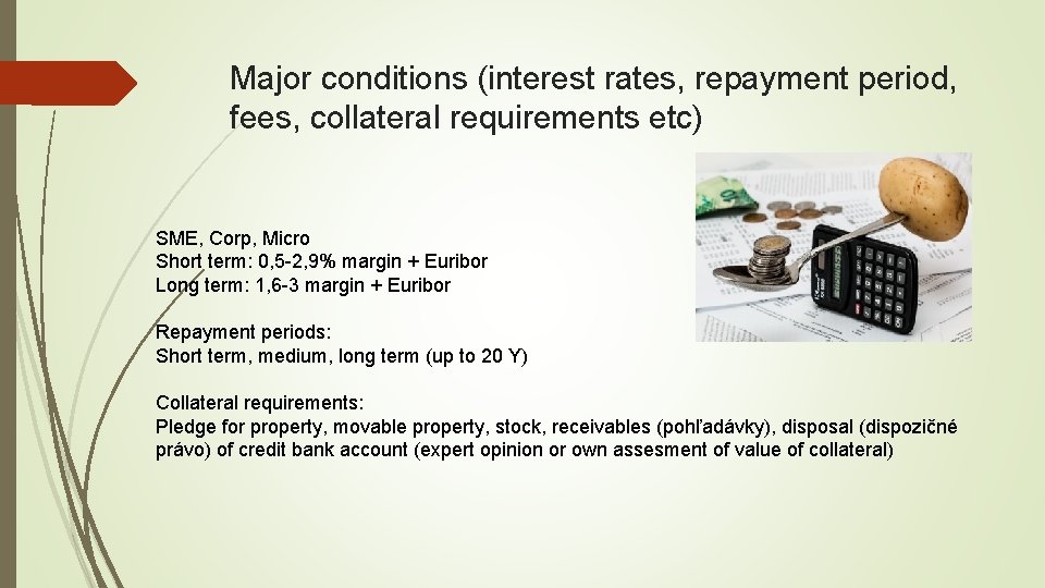 Major conditions (interest rates, repayment period, fees, collateral requirements etc) SME, Corp, Micro Short
