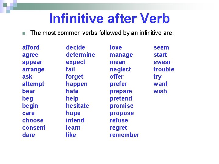 Infinitive after Verb n The most common verbs followed by an infinitive are: afford