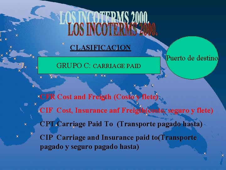 CLASIFICACION GRUPO C: CARRIAGE PAID Puerto de destino CFR Cost and Freigth (Costo y