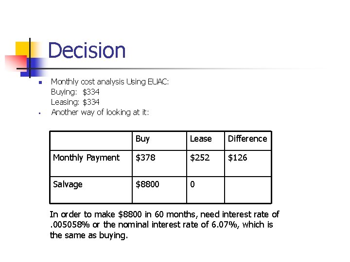 Decision n • Monthly cost analysis Using EUAC: Buying: $334 Leasing: $334 Another way