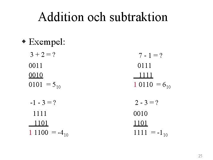 Addition och subtraktion w Exempel: 3+2=? 0011 0010 0101 = 510 7 -1=? 0111