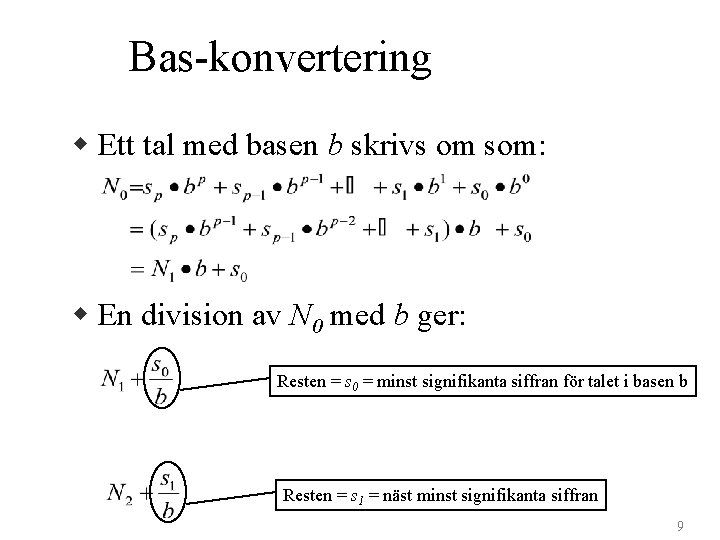 Bas-konvertering w Ett tal med basen b skrivs om som: w En division av