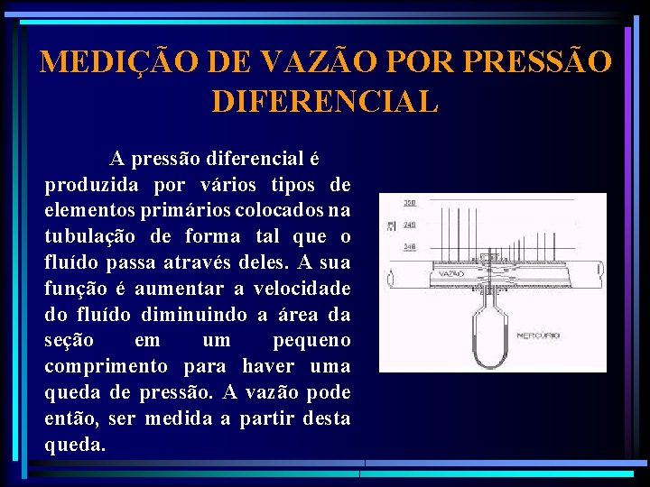 MEDIÇÃO DE VAZÃO POR PRESSÃO DIFERENCIAL A pressão diferencial é produzida por vários tipos