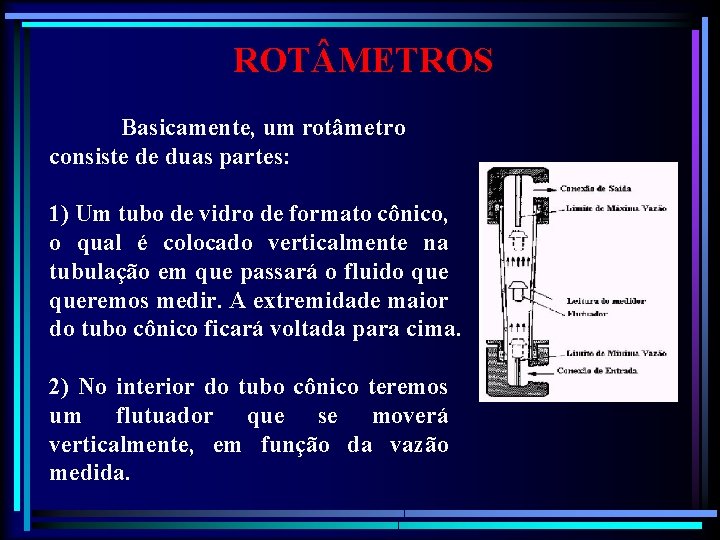 ROT METROS Basicamente, um rotâmetro consiste de duas partes: 1) Um tubo de vidro