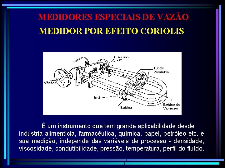 MEDIDORES ESPECIAIS DE VAZÃO MEDIDOR POR EFEITO CORIOLIS É um instrumento que tem grande