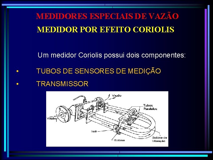 MEDIDORES ESPECIAIS DE VAZÃO MEDIDOR POR EFEITO CORIOLIS Um medidor Coriolis possui dois componentes: