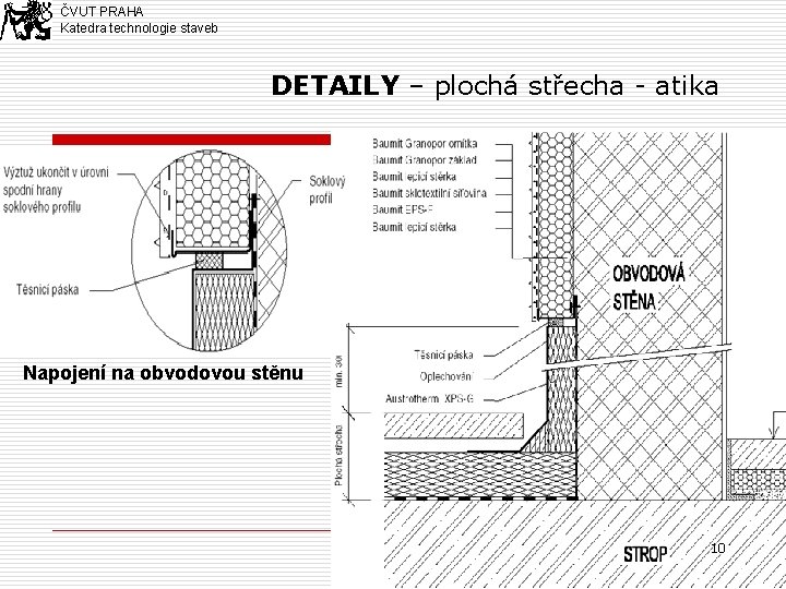 ČVUT PRAHA Katedra technologie staveb DETAILY – plochá střecha - atika Napojení na obvodovou