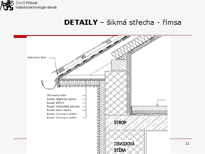 ČVUT PRAHA Katedra technologie staveb DETAILY – šikmá střecha - římsa 11 