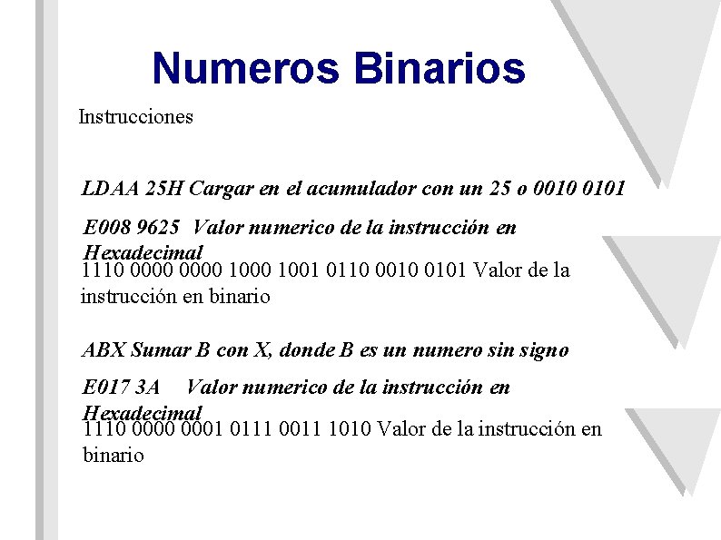 Numeros Binarios Instrucciones LDAA 25 H Cargar en el acumulador con un 25 o