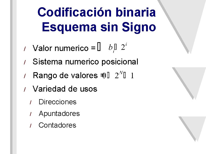 Codificación binaria Esquema sin Signo / Valor numerico = / Sistema numerico posicional /