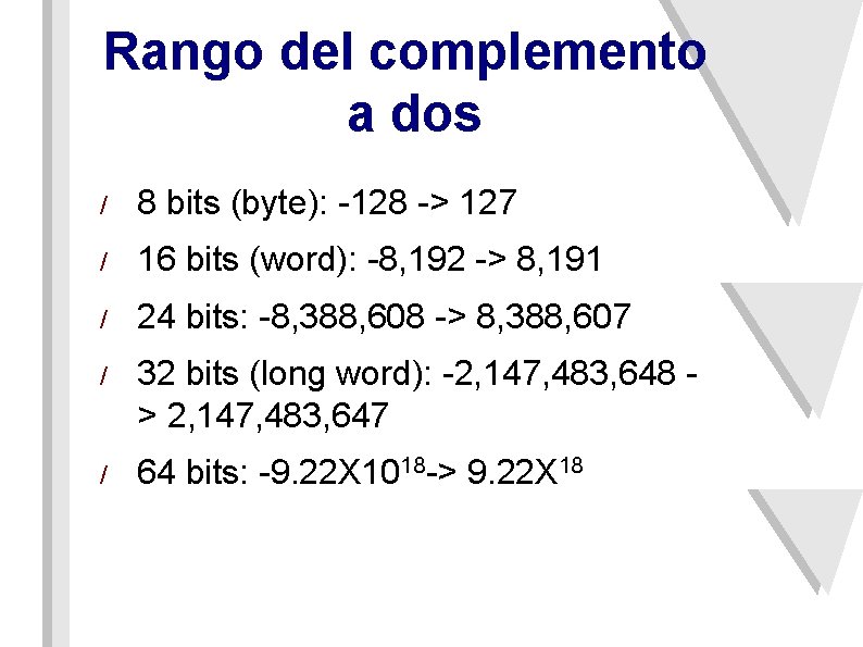 Rango del complemento a dos / 8 bits (byte): -128 -> 127 / 16