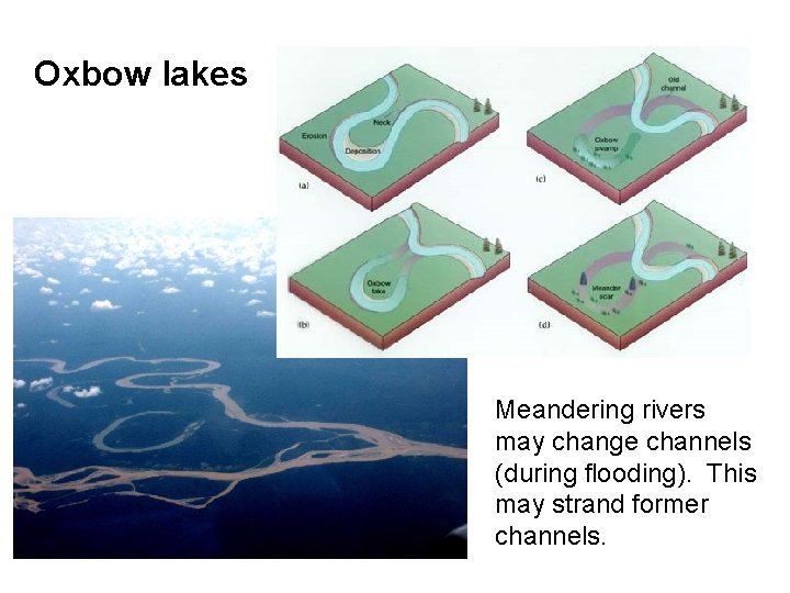 Oxbow lakes Meandering rivers may change channels (during flooding). This may strand former channels.