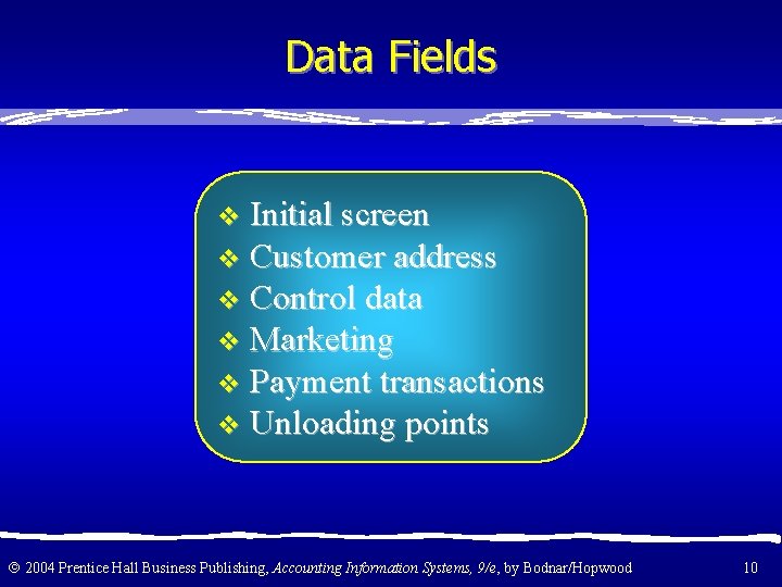Data Fields v Initial screen v Customer address v Control data v Marketing v