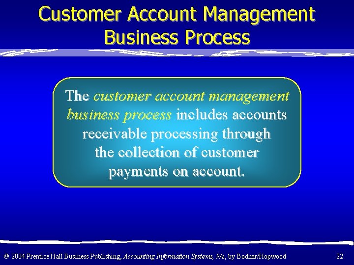 Customer Account Management Business Process The customer account management business process includes accounts receivable