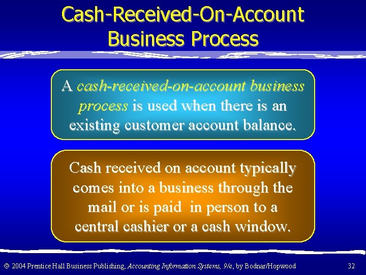 Cash-Received-On-Account Business Process A cash-received-on-account business process is used when there is an existing