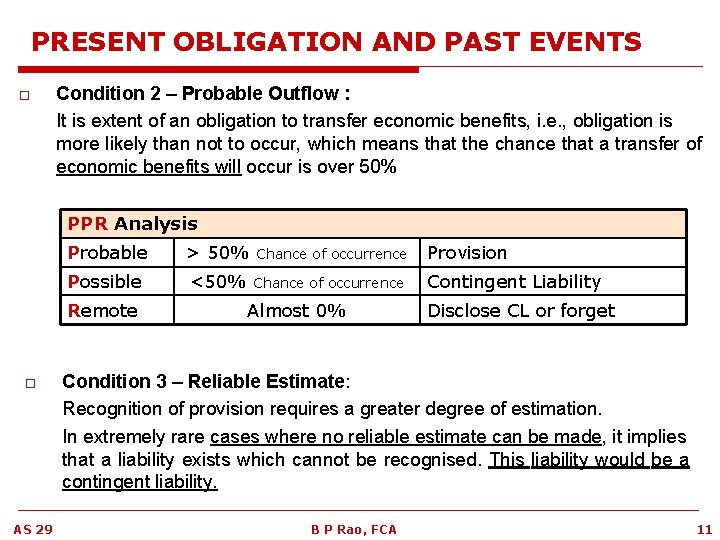 PRESENT OBLIGATION AND PAST EVENTS o Condition 2 – Probable Outflow : It is