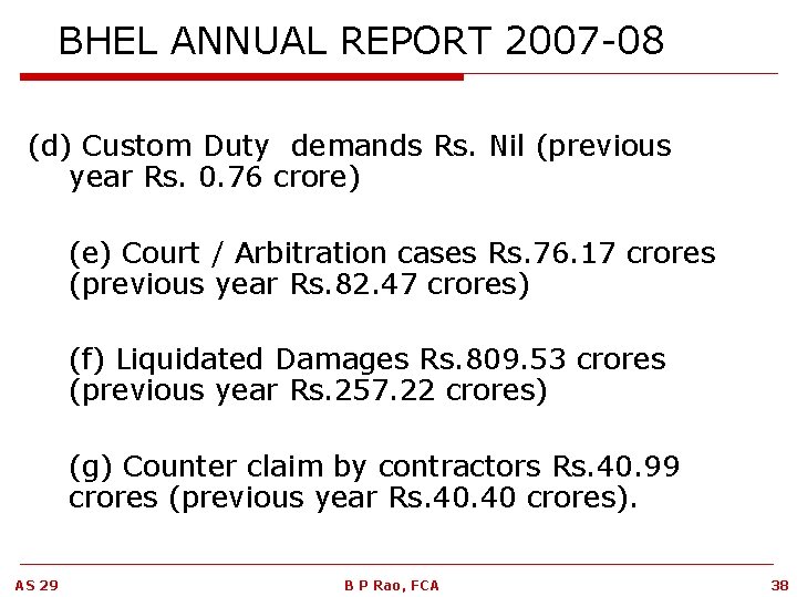 BHEL ANNUAL REPORT 2007 -08 (d) Custom Duty demands Rs. Nil (previous year Rs.