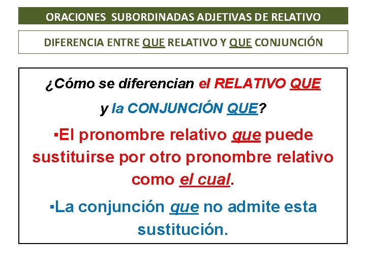 ORACIONES SUBORDINADAS ADJETIVAS DE RELATIVO DIFERENCIA ENTRE QUE RELATIVO Y QUE CONJUNCIÓN ¿Cómo se ORACIONES SUBORDINADAS ADJETIVAS DE RELATIVO DIFERENCIA ENTRE QUE RELATIVO Y QUE CONJUNCIÓN ¿Cómo se