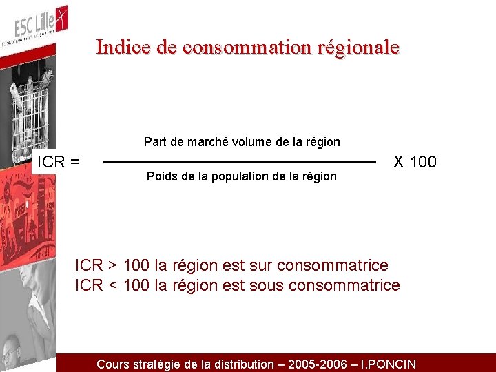 Indice de consommation régionale Part de marché volume de la région ICR = Poids
