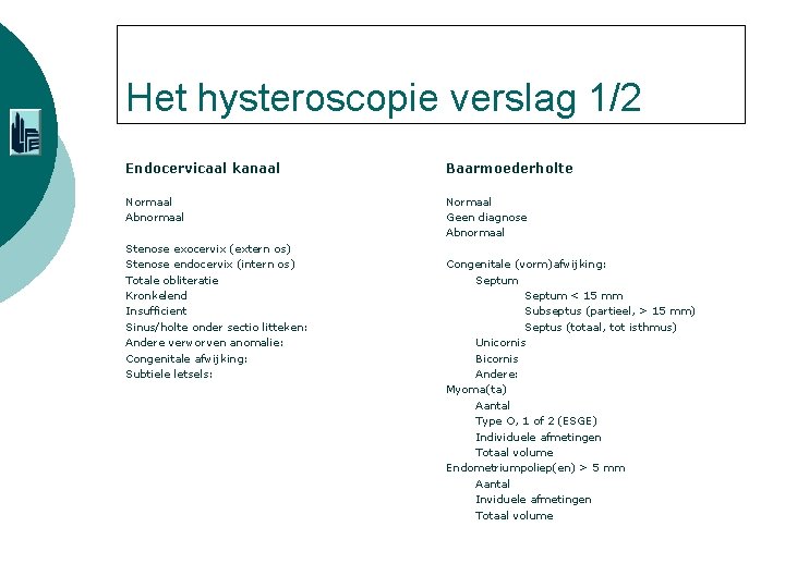 Het hysteroscopie verslag 1/2 Endocervicaal kanaal Baarmoederholte Normaal Abnormaal Normaal Geen diagnose Abnormaal Stenose