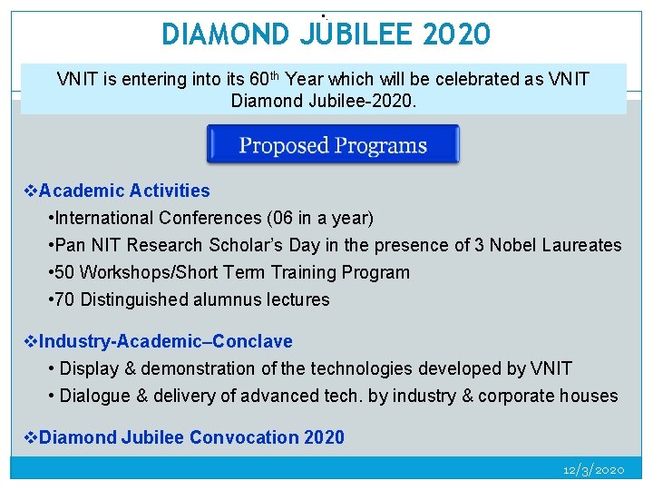  • . DIAMOND JUBILEE 2020 VNIT is entering into its 60 th Year