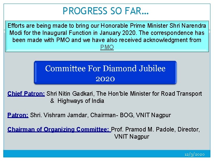 PROGRESS SO FAR… Efforts are being made to bring our Honorable Prime Minister Shri