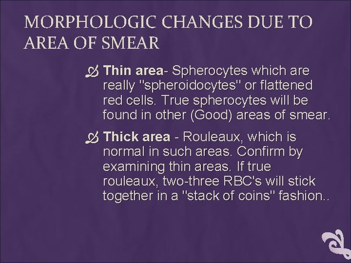 MORPHOLOGIC CHANGES DUE TO AREA OF SMEAR Thin area- Spherocytes which are really "spheroidocytes"