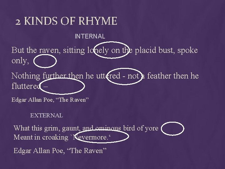 2 KINDS OF RHYME INTERNAL But the raven, sitting lonely on the placid bust,