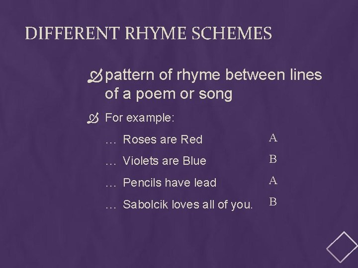 DIFFERENT RHYME SCHEMES pattern of rhyme between lines of a poem or song For