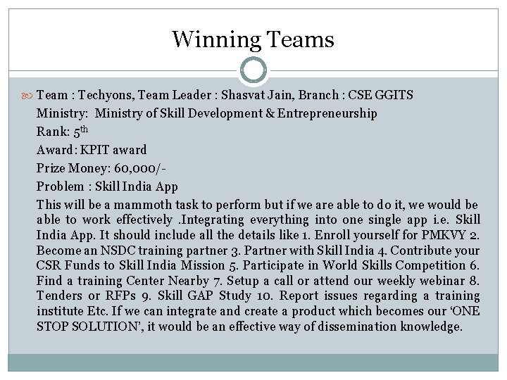 Winning Teams Team : Techyons, Team Leader : Shasvat Jain, Branch : CSE GGITS